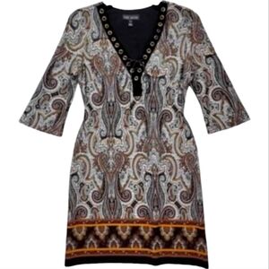 Karin Stevens Long Sleeve Paisley Print Sheath Dress with Tie Front.